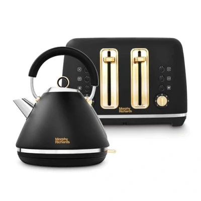 Image of Morphy Richards Accents Kettle and Toaster Set, Soft Gold Collection, 1.5L Rapid Boil Pyramid Kettle, 4 Slice Variable Browning Toaster. Matching 3KW/ 2200W, Black, 102047/242047