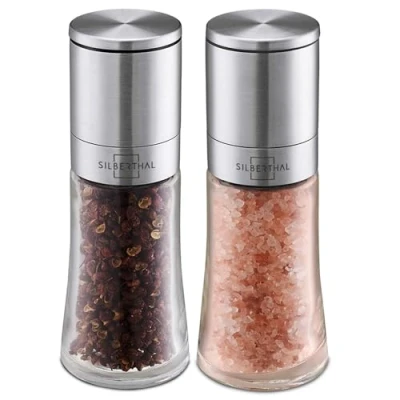 Image of SILBERTHAL Salt and Pepper Grinder Set (Small Size) 100g Capacity 130mm x 50mm Manual Adjustable Coarseness Glass &amp; Stainless Steel Body
