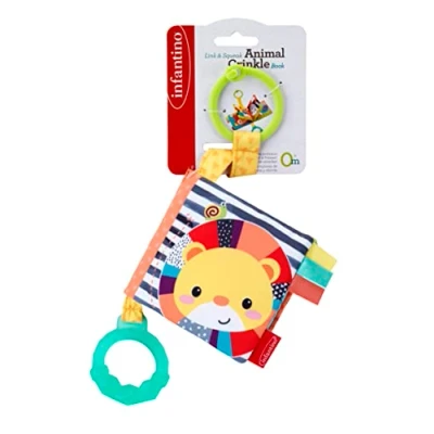 Image of Infantino Multicoloured Fabric Crinkle Book Scrunching Page Sounds, Round Teether, Squeaker, Animal Themed Ages 6 Months +