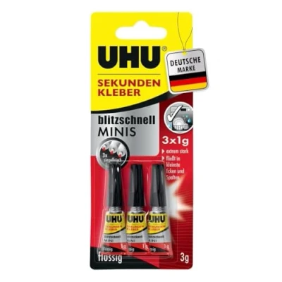 Image of UHU Superglue MINIS Super Fast and Extremely Strong Liquid Glue in Practical Mini Tubes 3 x 1 g