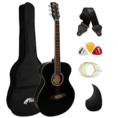 Image of Acoustic Guitar for Beginners Full Size, Steel String includes Gig bag, Strap, Scratchplate and Spare Strings Black TIGER ACG2 BK
