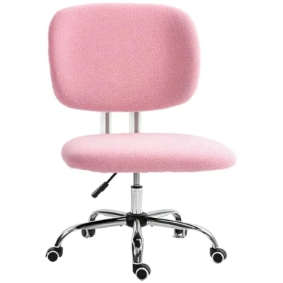 Image of Vinsetto Cute Armless Office Chair, Teddy Fleece Fabric Computer Desk Vanity Task Chair with Adjustable Height, Swivel Wheels, Mid Back, Pink