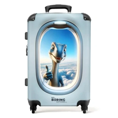 Image of NoBoringSuitcases.com® Children&#039;s Luggage Kids Suitcase for Boys Large Hard Shell Trolley on Wheels Blue Dinosaur Thumbs Up in Window 26&quot; 28&quot; 23kg