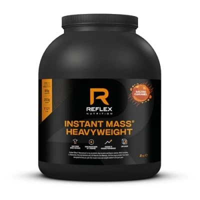 Image of Reflex Nutrition Instant Mass Heavyweight Protein Shake Mix, Gainer, Over 1000 Kcal per Serving, 60 g Protein, Creatine, High Calorie Post Workout or Before Bed, Salted Caramel, 2 kg