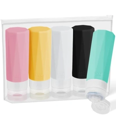 Image of Alyvisun Travel Bottles for Toiletries 100ml, 5 Pack Silicone Refillable Containers, Squeezable Toiletry with Storage Bag, Shampoo, Lotion, Soap