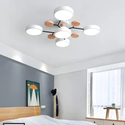 Image of Modern Semi Flush Mount Ceiling Light Nordic White LED Lamp Circular Acrylic 5 Heads Chandelier Sputnik Fixture with Wood Decoration for Living Room Dining Bedroom