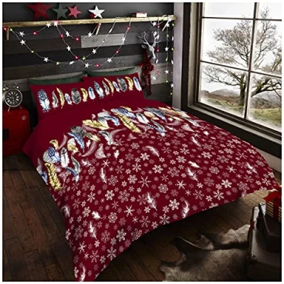 Image of GC GAVENO CAVAILIA Christmas Duvet Quilt Cover Double Size, Breathable Snowflake Bedding Set, Cosy Comforter Bed Red