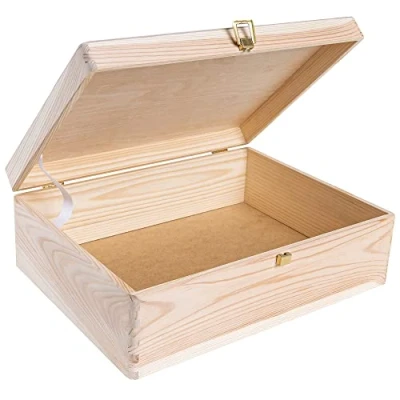 Image of Creative Deco XL Large Plain Wooden Storage Box 40 x 30 14 cm (+/ 1 cm) with Lock &amp; Hinged Lid Unpainted Gift Christmas Xmas ROUGH UNSANDED Wood Keepsake Memory Craft Chest