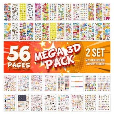 Image of colortouch 3D Sticker Set, 56 Sheets Puffy Stickers für Kids, Stickeralbum Bullet Journal, Scrabook, Toddlers, Adults, Boys, Children&#039;s, Girls, Numbers, Letters, Animals, Dinosaurs, Cars