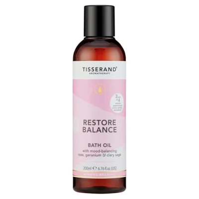Image of Tisserand Aromatherapy Restore Balance Bath Oil Perimenopause, Menopause &amp; Menstruation Support for Women Rose, Clary Sage Geranium 100% Natural Essential Oils 200ml
