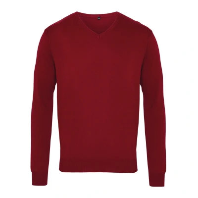 Image of Premier Mens Knitted Cotton Acrylic V Neck Sweatshirt (Burgundy) Size X Large