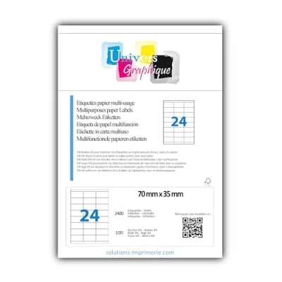 Image of UniversGraphique, 2400 Sticky Labels on A4 Sheets, White Adhesive, 70 x 35 mm, 100 24 per Sheet