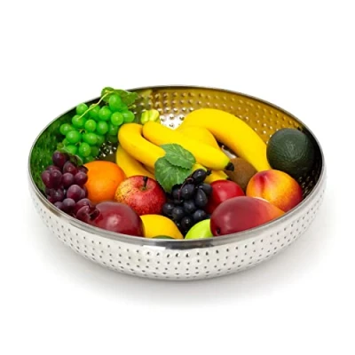 Image of Carousel Home 38cm Extra Large Stainless Steel Kitchen Fruit Bowl Round Silver Display with Hammered Detail Multi Purpose Serving Salad Decorative