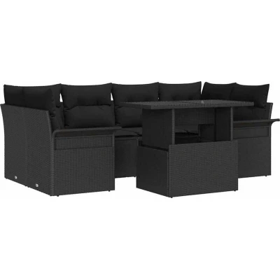 Image of vidaXL 7 Piece Garden Sofa Set with Cushions Black Poly Rattan
