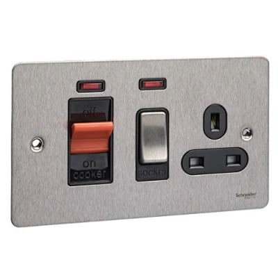 Image of Schneider Electric Ultimate Flat Plate Switched Cooker Control Unit with Single Power Socket, Neon Indicator, 45A, GU4201BSS, Stainless Steel Black Insert