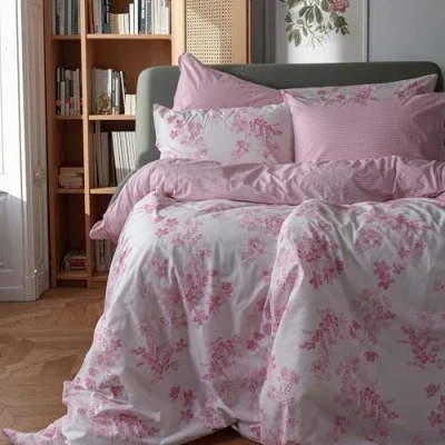 Image of LERUUM Kingsize Duvet Cover Sets Cotton Pink White Bedding Reversible Floral Striped Pattern Quilt Case Christmas Bed Set (Pink King Size)