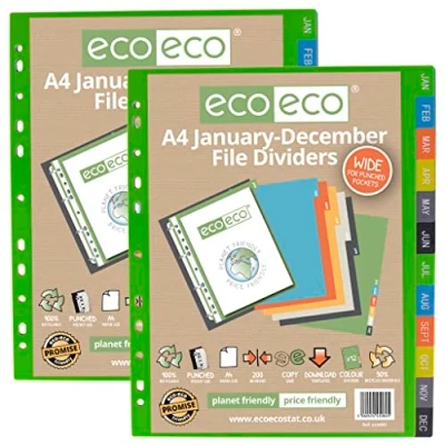 Image of eco A4 50% Recycled Multipunched Reinforced Colour January December Subject Index Extra Wide File Dividers 200mic (Pack of 2), eco082x2