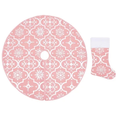 Image of vidaXL Luxury Christmas Tree Skirt with Sock Pink 150 cm Fabric