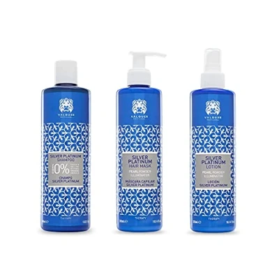 Image of Valquer Silver Platinum Pack. Shampoo 400Ml + Mask 300Ml Lotion 300Ml. Pack for blonde, gray or white hair. Wth Malakite and Panthenol 0%: without sulfates, colorants, salt parabens.