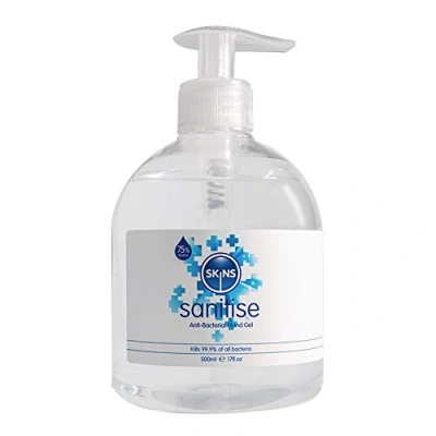 Image of Skins Sexual Health, Alcohol Based 75% Quick Drying AntiBacterial Hand Sanitiser Bottle, Clear, 500ml x Pumps, 9 count