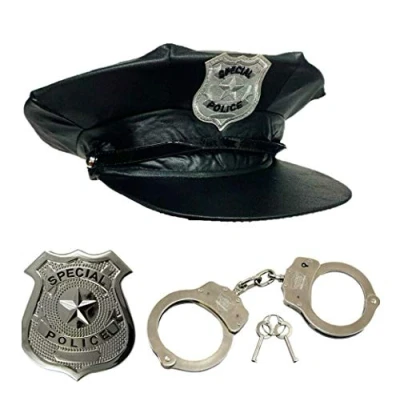 Image of Adult Fancy Dress Police Officer Set Cop Hat, Handcuffs and Special Badge