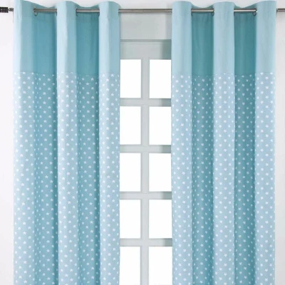 Image of HOMESCAPES 100% Cotton Unlined Eyelet Curtain Pair Stars Blue 137cm (54&quot;) Wide x 182cm (72&quot;) Drop