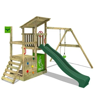 Image of FATMOOSE Wooden climbing frame FruityForest Fun XXL with swing set &amp; green slide, Outdoor kids playhouse sandpit, ladder play accessories for the garden