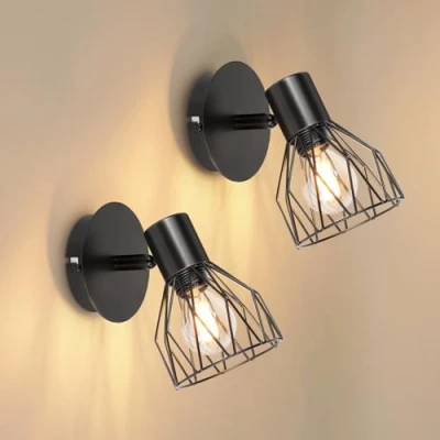 Image of Dehobo Wall Lights Industrial with E14 Socket Adjustable Wire Cage Shade Black Metal Sconce for Indoor Home Living Room Bedroom Hallway Shop 2 Packs