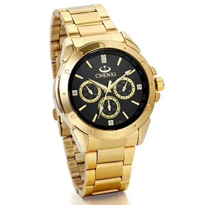 Image of JewelryWe Mens Wrist Watches IP Gold Stainless Steel Analog Black Dial with Rhinestones
