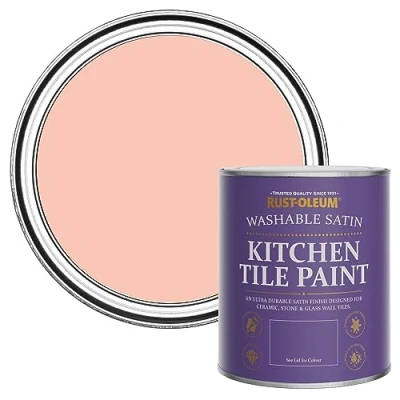 Image of Rust Oleum Peach Water Resistant Kitchen Tile Paint in Satin Finish Happy As A Clam 750ml