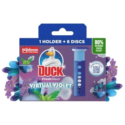 Image of Duck Fresh Discs Toilet Cleaner Starter Kit, Fights Stains That Harbour Germs, Prevents Limescale Build Up, Virtual Violet, Pack of 5 (Each Kit contains 1 Holder + Refill Tube)