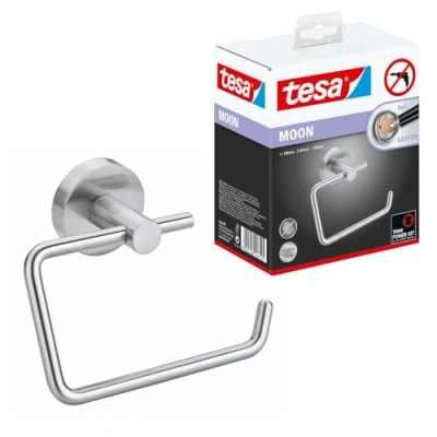 Image of tesa MOON Toilet Paper Holder No Drill Chrome Plated Metal Roll without Lid for Bathrooms and Guest Toilets Includes Removable Glue Solution