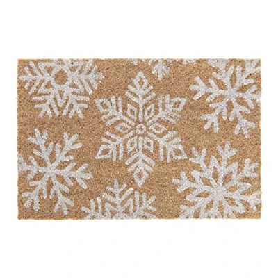 Image of Relaxdays Snowflakes Snow Flakes Christmas Winter Doormat Coir Rubber, 40 x 60 cm, Outdoor, Non Slip, Brown/White