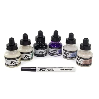 Image of Daler Rowney FW Shimmering Ink Set, 6 x 29.5ml Bottles &amp; 1 Mixed Media Marker, Acrylic Based Ink, Assorted Colours, Ideal for Professional Artists Students