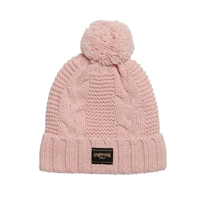Image of Superdry Women&#039;s Cable Knit Beanie Hat Baseball Cap, Pink Fleck, One Size