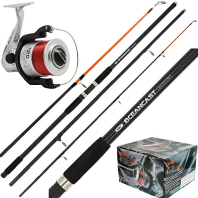 Image of 14FT OCEANCAST 3pc SEA FISHING ROD + SILK 70 RED BEACHCASTER REEL COMBO