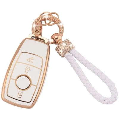 Image of Koaudb Car Key Case for Mercedes Benz, 3 Buttons Soft TPU Fob Protector with Bling Keychain Fit Benz A B C E G S SL CLS Class AMG Smart (Bz 3L)