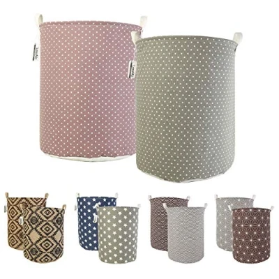 Image of LessMo 19.7&quot; Laundry Hamper, Collapsible Storage Basket With Easy Carry Handles, Waterproof Round Cotton Linen, for Baby Products, Toys, Bedroom Hamper