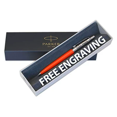 Image of PARKER jotter Orange Engraved Personalised 90,s Edition Ballpoint Pen Medium Blue ink, perfect gift for Graduation, Birthdays, Leaving Gifts, Engrave your name or an expression. (Gift box)