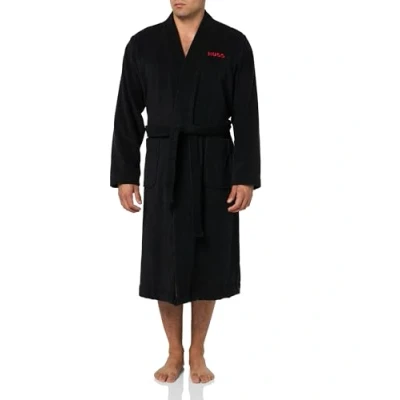Image of HUGO Men&#039;s Long Terry Robe with Embroidered Logo, Stormy Black, Medium
