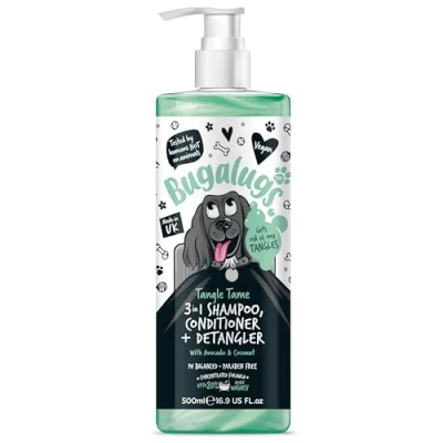 Image of BUGALUGS dog Shampoo Tangle Tame 3 in 1 Avocado &amp; Coconut grooming shampoo, conditioner detangler products for smelly dogs with fragrance, best puppy professional groom (500ml)