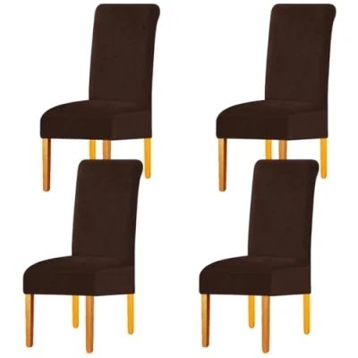 Image of LANSHENG Stretchy Chair Covers for Dining Room Chairs,Stretch Spandex with Elastic Band Chaircover,Velvet Large Slipcovers Restaurant Hotel Party Banquet (Coffee,4 Pack(M))