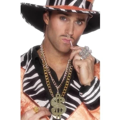 Image of Smiffys Dollar Sign Medallion, Large, Gold on Chain, 1970&#039;s Disco Fancy Dress, 1970s Dress Up Jewellery