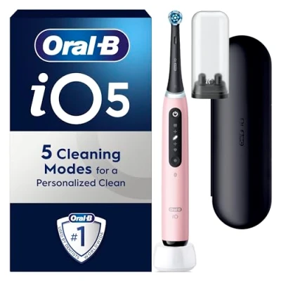 Image of Oral B iO5 Electric Toothbrushes For Adults, 1 Toothbrush Head &amp; Travel Case, 5 Modes With Teeth Whitening, UK 2 Pin Plug, Pink