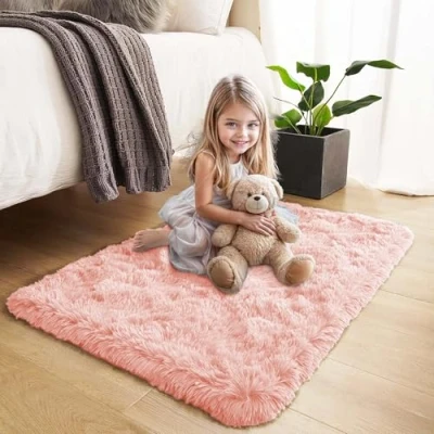 Image of Hafaa Rugs Living Room Bedroom Fluffy Shaggy Pink Area Non Slip Modern Super Soft Thick Pile Plush Carpet Shedding Easy To Clean Rug, 60cm x 110cm