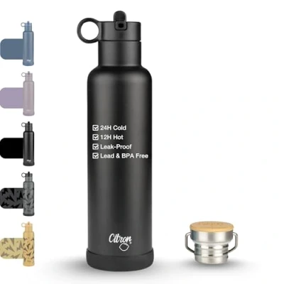 Image of Citron Insulated Water Bottle Stainless Steel, Black 750ml, BPA &amp; Lead Free, Leak Proof Straw/Flask Lids Keeps Liquids Cold for 24 Hours Hot 12 Hours, No Sweating