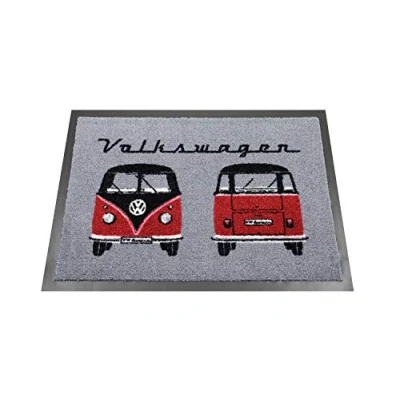 Image of BRISA VW Collection Volkswagen Foot Mat Doormat Rug Shoe Dirt Trapper with T1 Bus Campervan Motif (Bus Front/Gray)
