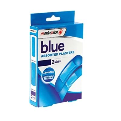 Image of Pack of 60 Blue Catering Plasters Breathable Flexible Food Hygiene Dressings 2 Sizes Individually Wrapped