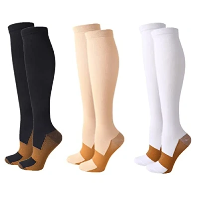 Image of Compression Socks for Women Men,3 Pairs 20 25mmHg Knee High Stockings Sport, Athletic, Edema, Diabetic, Varicose Veins, Travel, Pregnancy, Nursing (XXL, Black+White+Skin)