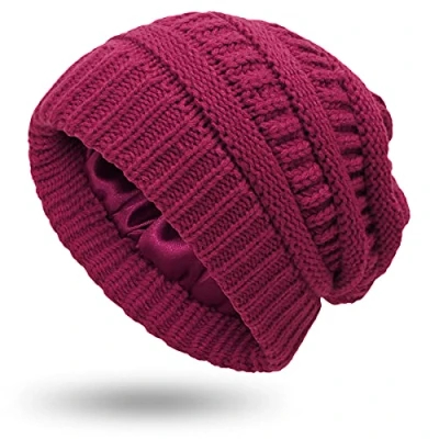 Image of XRDSS Women Warm Winter Hats Unisex Satin Lined Slouchy Cable Knitted Beanie Hat (Wine Red)